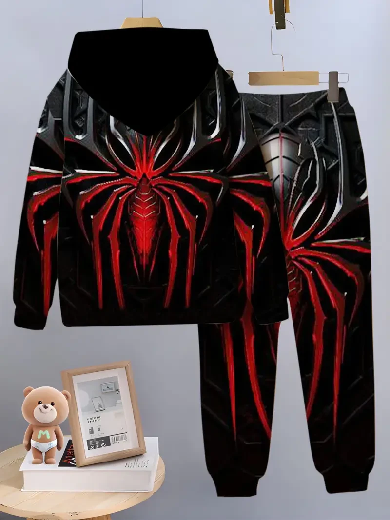 Boys' Casual Spider-Inspired Hoodie and Pants Set - Geometric Polyester Knit Fabric with Slight Stretch, Long Sleeve Pullover Top & Loose Fit Trousers for Outdoor, Running, Party - Spring/Summer Big & Tall Sportswear Outfit