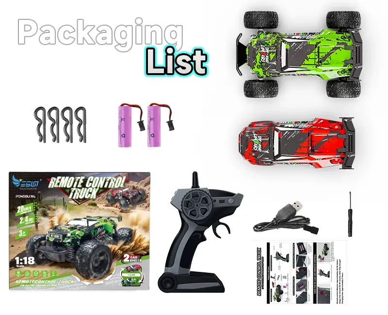 Dual shell remote control car, 1:18 scale all-terrain RC car, 2WD 20Km/h, color led lights and two rechargeable batteries, remote control monster truck off-road racing toys for kids and boys, Christmas, Halloween