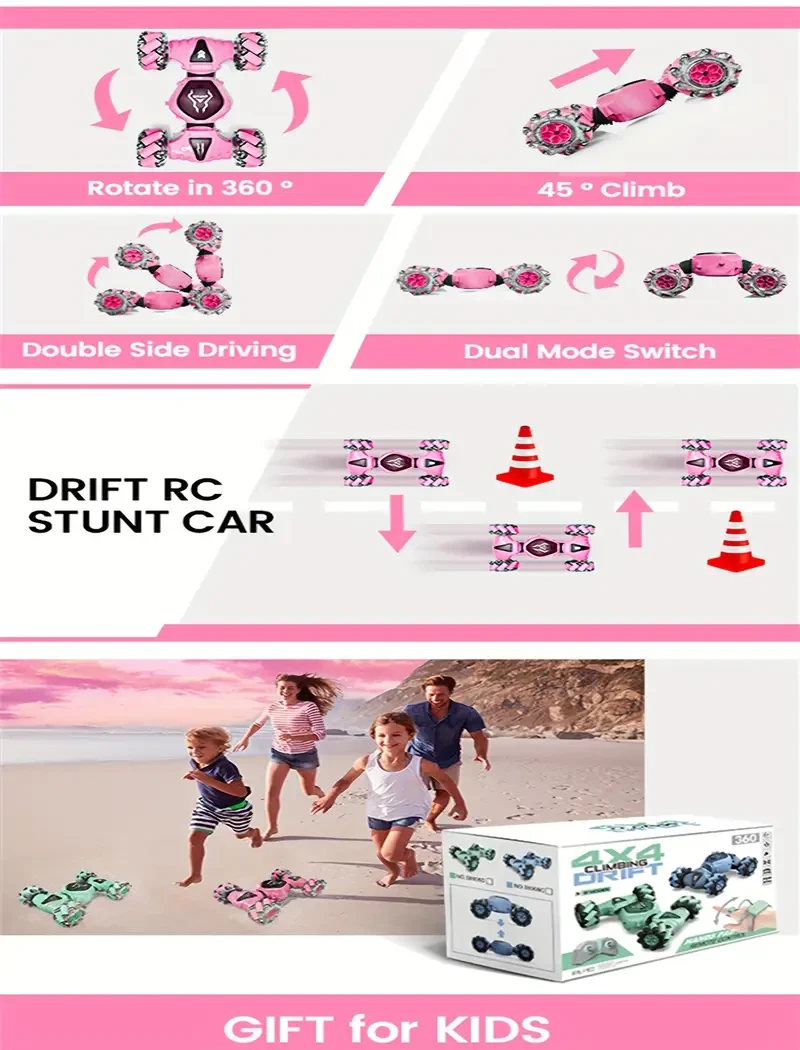 Remote Control Car RC Cars With 2 Remote Controller, 2.4GHz 4WD Gesture Sensing RC Stunt Car Toys - 360 Rotating Double Sided Hand Controlled RC Car With Lights, Gifts For Kids