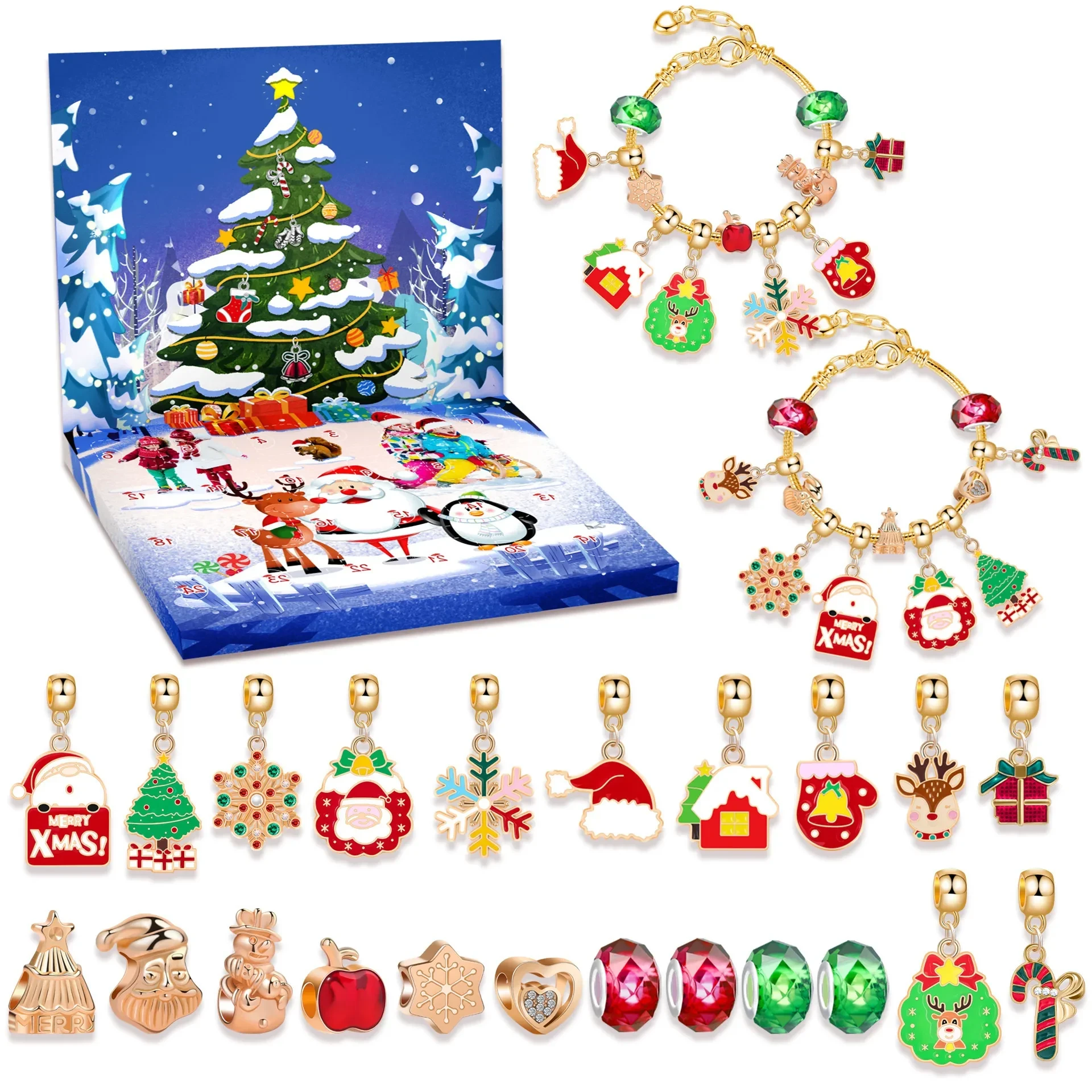 Christmas Advent Calendar Christmas Themed DIY Charm Jewelry Bracelet Necklace Making Kit for Girls