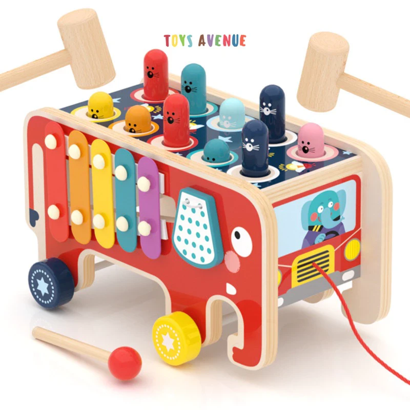 Elephant Hitting Hamster Wooden Knocks Toy / Pull Push Truck / Toy Educational Kids Wood Xylophone