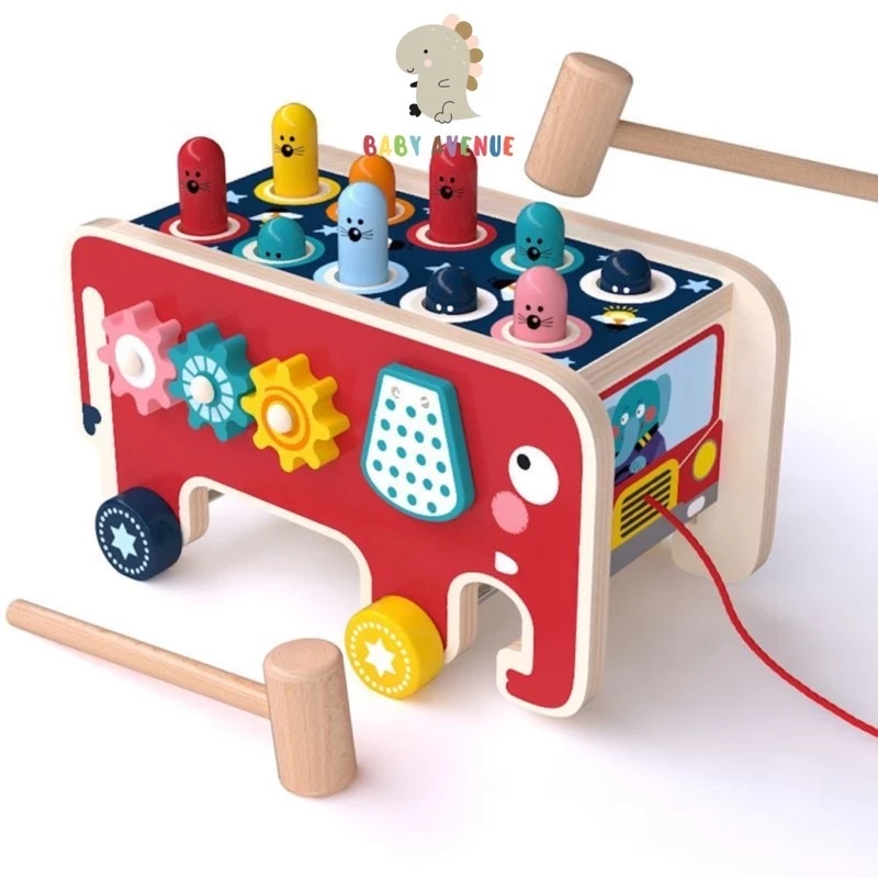 Elephant Hitting Hamster Wooden Knocks Toy / Pull Push Truck / Toy Educational Kids Wood Xylophone