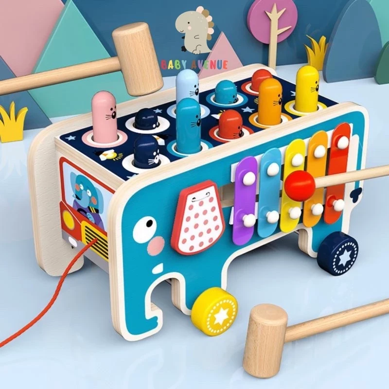 Elephant Hitting Hamster Wooden Knocks Toy / Pull Push Truck / Toy Educational Kids Wood Xylophone
