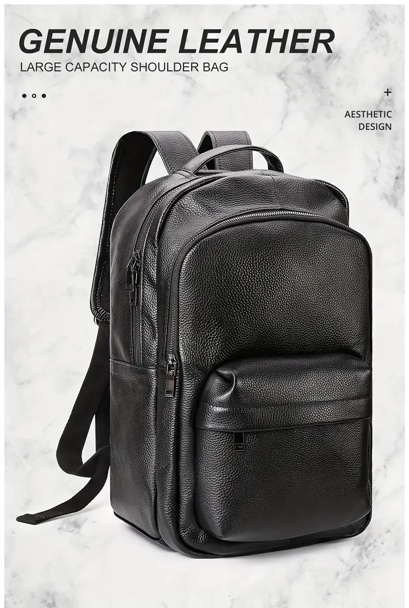 1pc HUMERPAUL Genuine Top-Grain Leather Backpack for Men - Casual Travel Messenger Shoulder Bag with Multi Pockets for Going Out