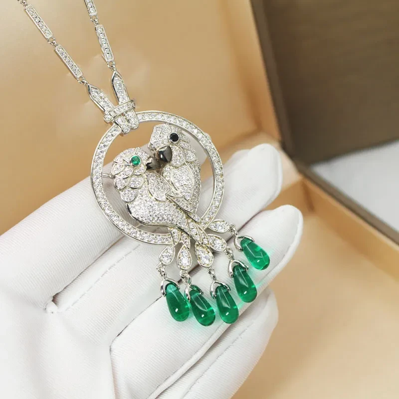 Double Parrot Necklace Chalcedony Acacia Pendant Necklace