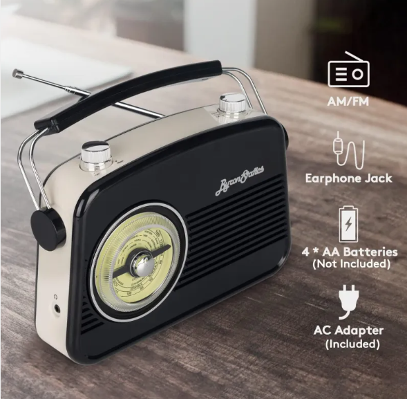 Black AM FM Radio - Small Portable Radios Vintage Retro With Headphone Jack, Large Analog Rotary Tuning Dial