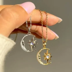 Fashion Jewelry Fashion Moon Star Zircon Pendant Necklace Stainless Steel Light Luxury Choker Jewelry Party Gifts For Women Girls