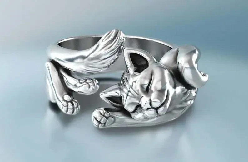 Retro cat totem ring