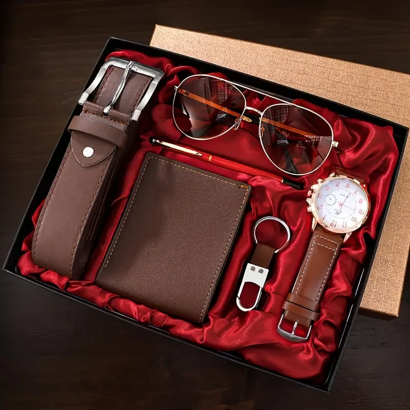 6pcs Men's Luxury Watch Gift Set with Wallet, Belt, Keychain & Pen - Stylish Business Fashion Accessories for Him - Perfect for Christmas,
