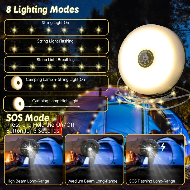Camping String Lights, 2in 1 Outdoor Portable Stowable String Light