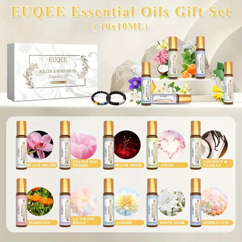 10-Pack EUQEE Rollerball Essential Oils, 10Ml Each, Aromatherapy for Emotional Support, Multi-Purpose, Liquid, <1L, Home & Health Care, No Specific Benefits