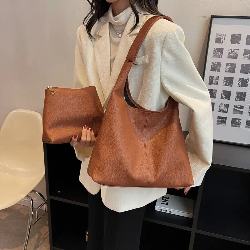 Women's Soft Leather Underarm Son Mother Shoulder Bag