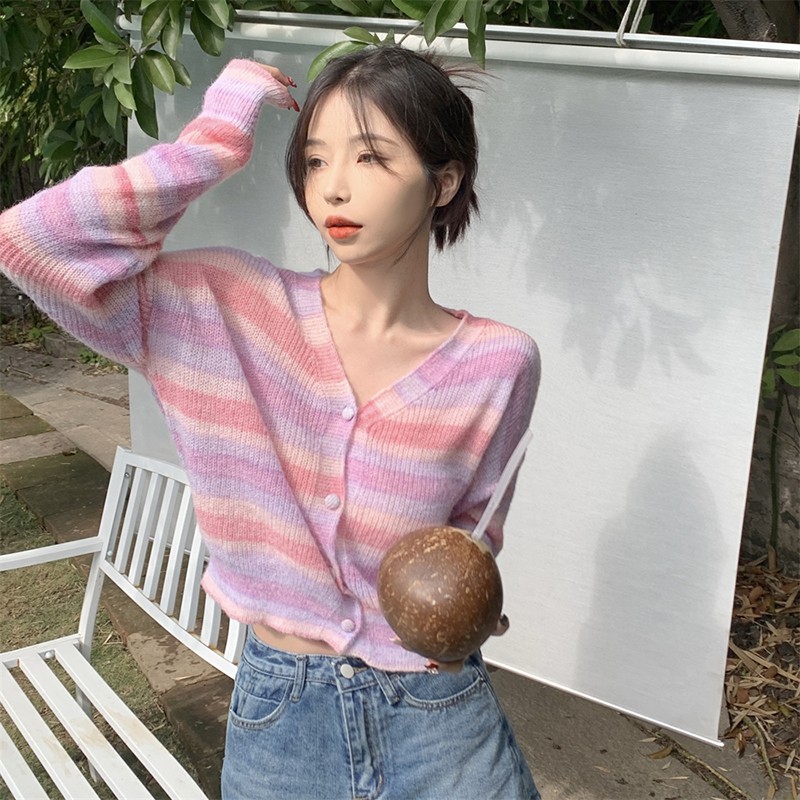 Rainbow Striped Knitted Cardigan Women's Spring Clothing