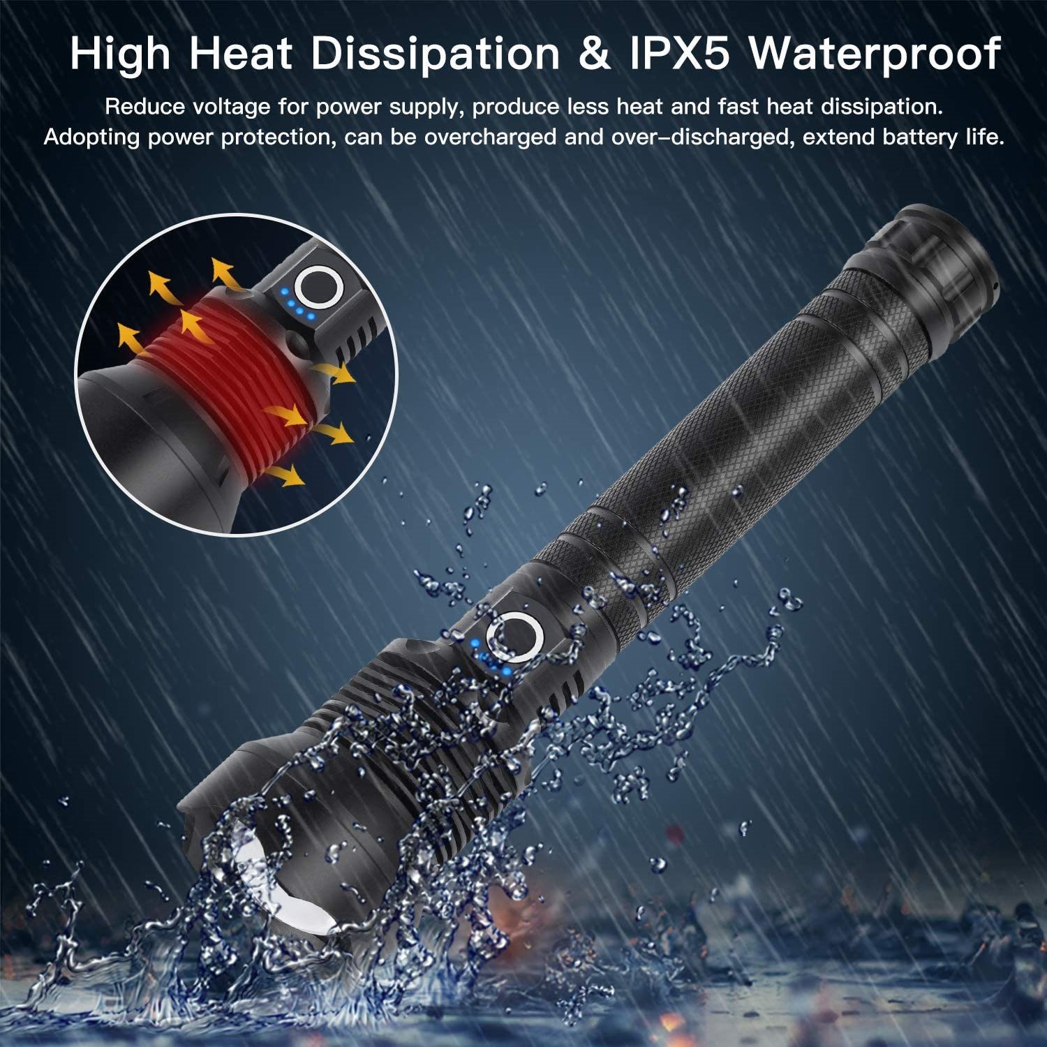 LED Torch Rechargeable High Lumens Flashlight with two 26650 Batteries