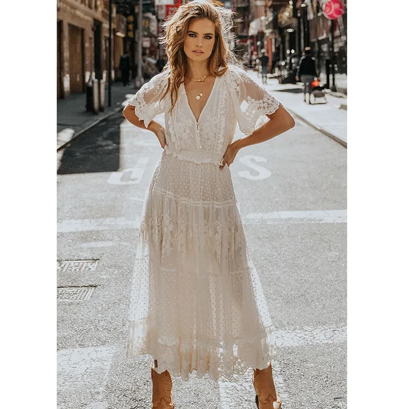 V-Neck Short Sleeve Lace Dress Women's Clothing