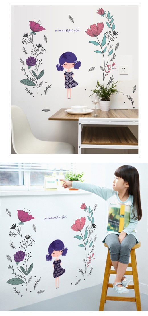Bedroom Living Room TV Background Hand-painted Girl Removable Wallpaper