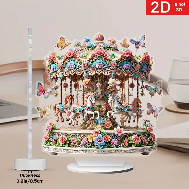 Carousel Music Box with Fantasy Horses, Bright Flowers & Butterflies