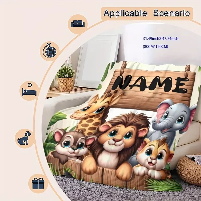 Custom Name Personalized Animal Zoo Theme Flannel Throw Blanket -