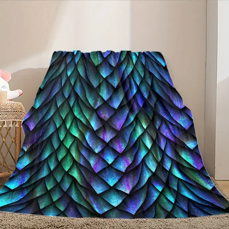 Tri-Color Dragon Scale Print Flannel Throw Blanket -