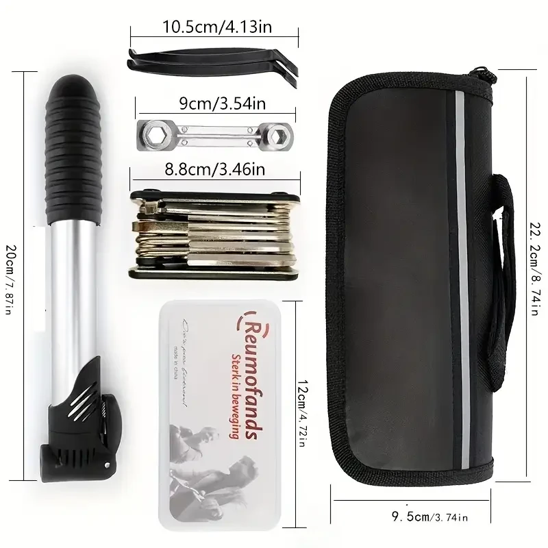Mountain Bike Repair Tool Kit with Tire Inflator, Hex Tools Set, Tire Levers & Wrenches - Aluminum Alloy, Black