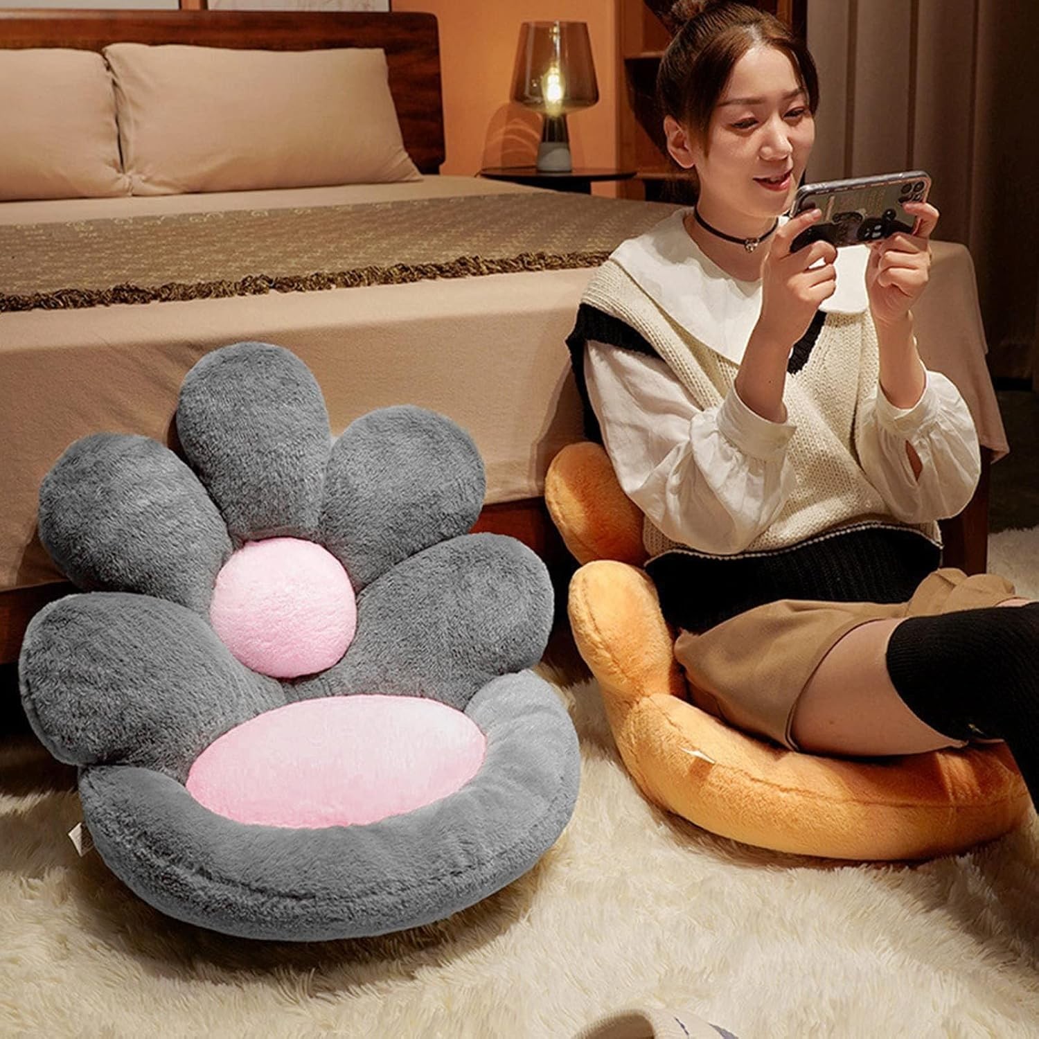 Round Nesting Cat Scratching Board Pet Nest Mat Flower Shape Seat Cushion Comfy Kawaii Gaming Chair Cushions 19 Inch Lazy Sofa Office Floor Pillow Cute Stuff For Gamer Bedroom Decor Grey