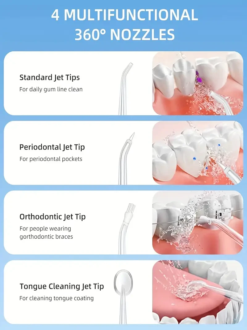 Cordless Water Flossers Oral Irrigator with 3 Mode 4 Jet Tips,