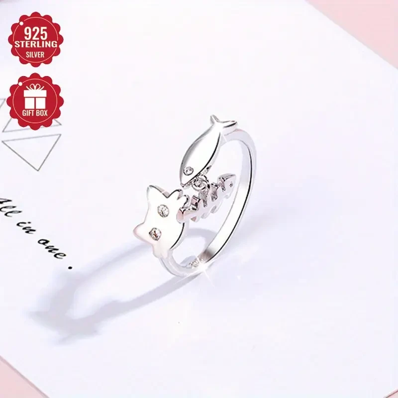 925 Sterling Silver Cute Cat Open Adjustable Ring Light Luxury for Daily and Party Wear