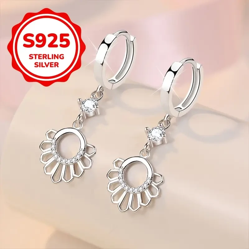 2pcs 925 Sterling Silvery Geometric Hollow Sunlight Ray Earrings Fashionable Everyday Party Matching, Exquisite Gift