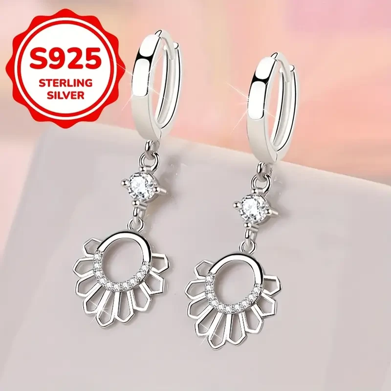 2pcs 925 Sterling Silvery Geometric Hollow Sunlight Ray Earrings Fashionable Everyday Party Matching, Exquisite Gift