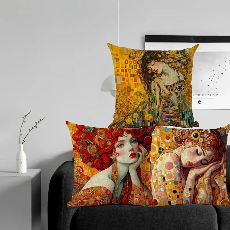 18x18 Inches Durable Linen Gustav Klimt Artistic Print Cushion Cover  Vintage Style with Beautiful Woman Design