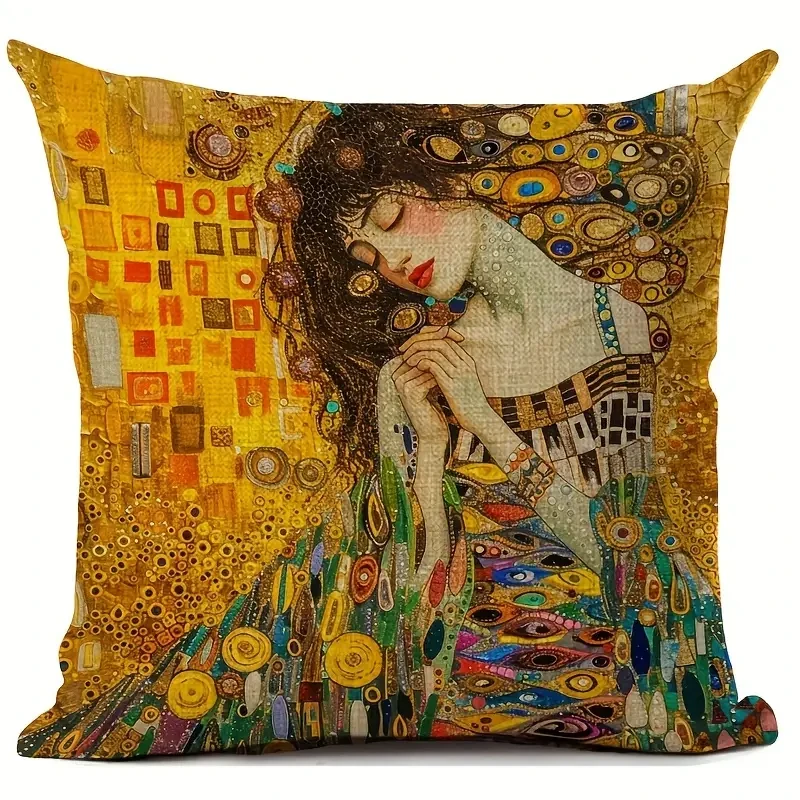 18x18 Inches Durable Linen Gustav Klimt Artistic Print Cushion Cover  Vintage Style with Beautiful Woman Design