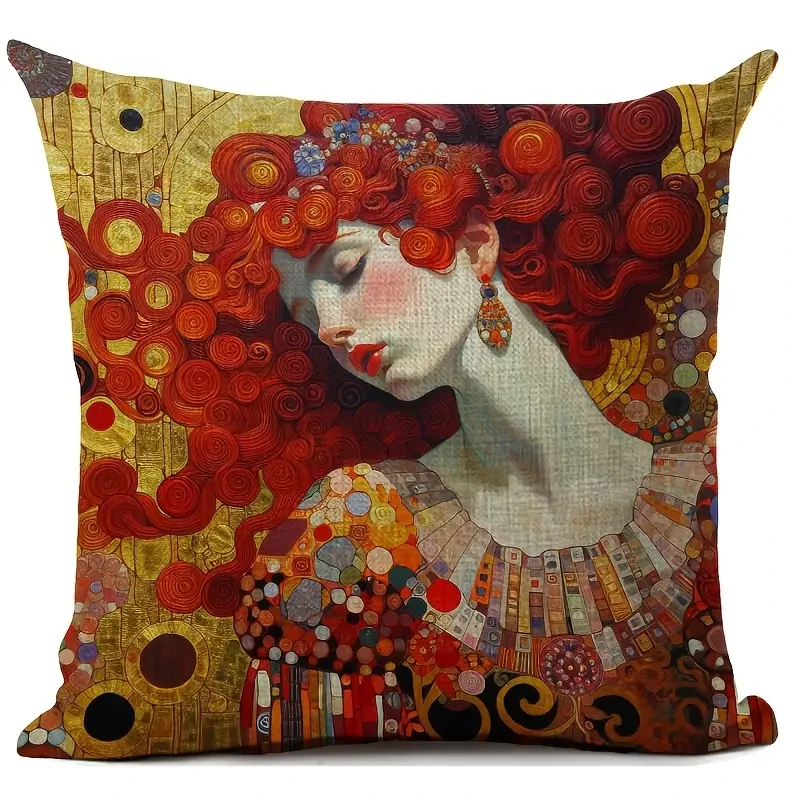 18x18 Inches Durable Linen Gustav Klimt Artistic Print Cushion Cover  Vintage Style with Beautiful Woman Design