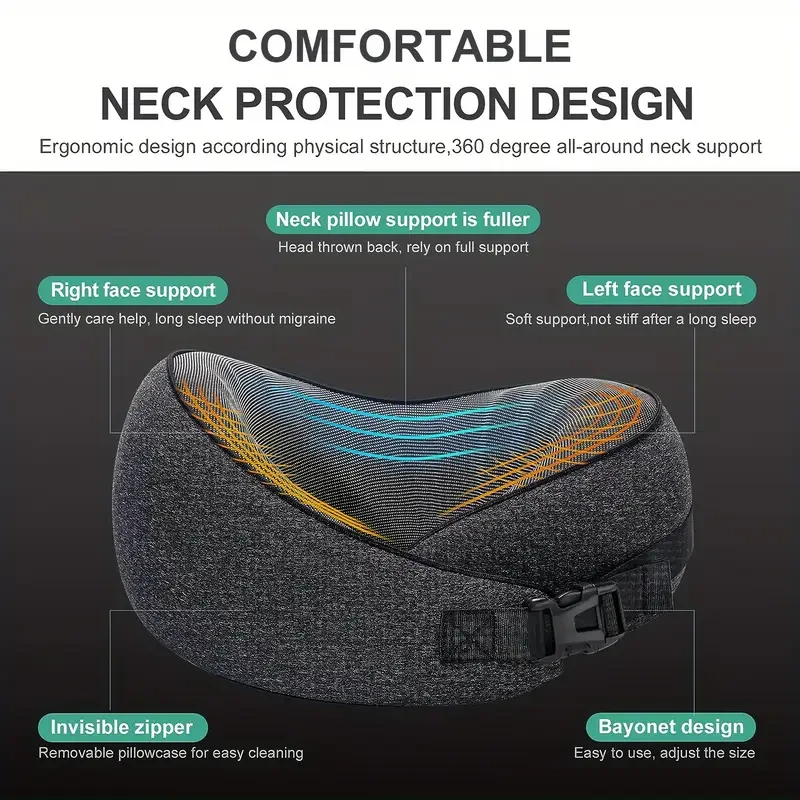 1 Pack Travel Pillow, Pure Memory Foam Full Neck And Chin Support, 360 Degree Adjustable, Comfortable And Breathable, Machine Washable
