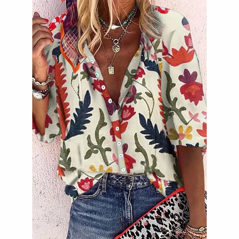 New Style Printed Stand Up Collar Long Sleeved Casual Women's Shirt