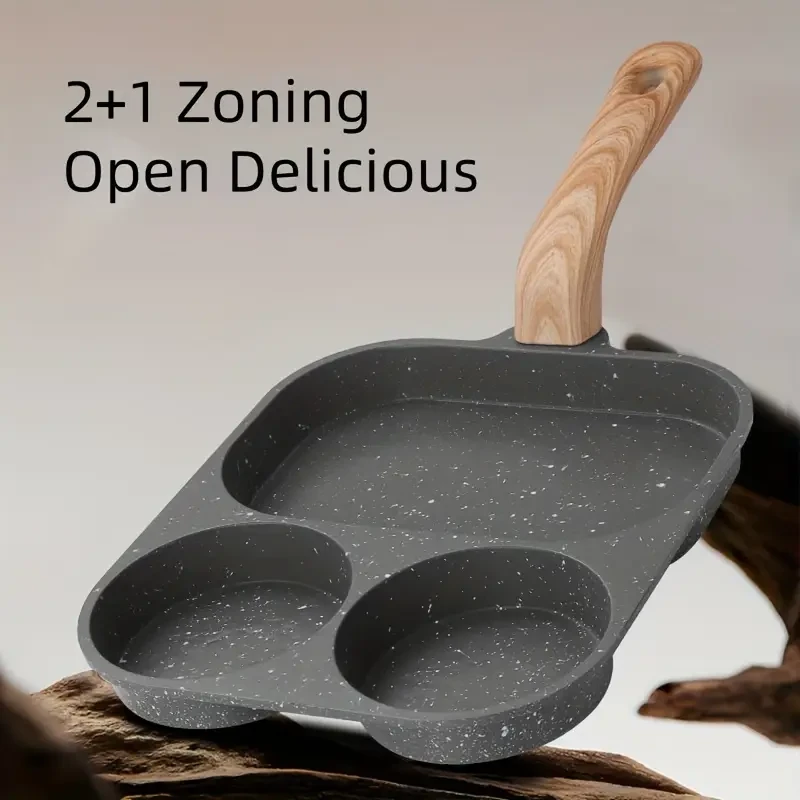 Versatile Non-Stick Aluminum Alloy Frying Pan, Dual Compartment for Eggs & Toast - Rust-Resistant with Wooden Handles, Perfect for Gas & Induction Cooking