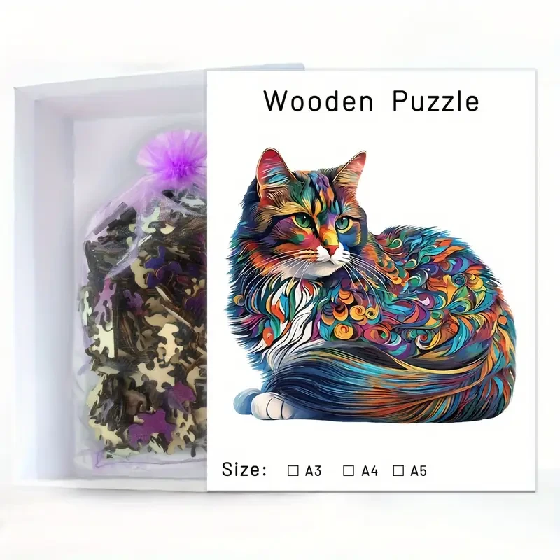 Colorful Cat Wooden Puzzle  Unique Shaped Jigsaw for Creative Minds