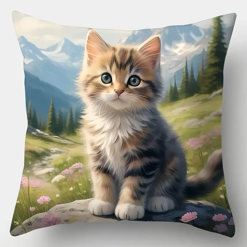 4-Pack Contemporary Throw Pillow Covers - Cute Cat Floral Print