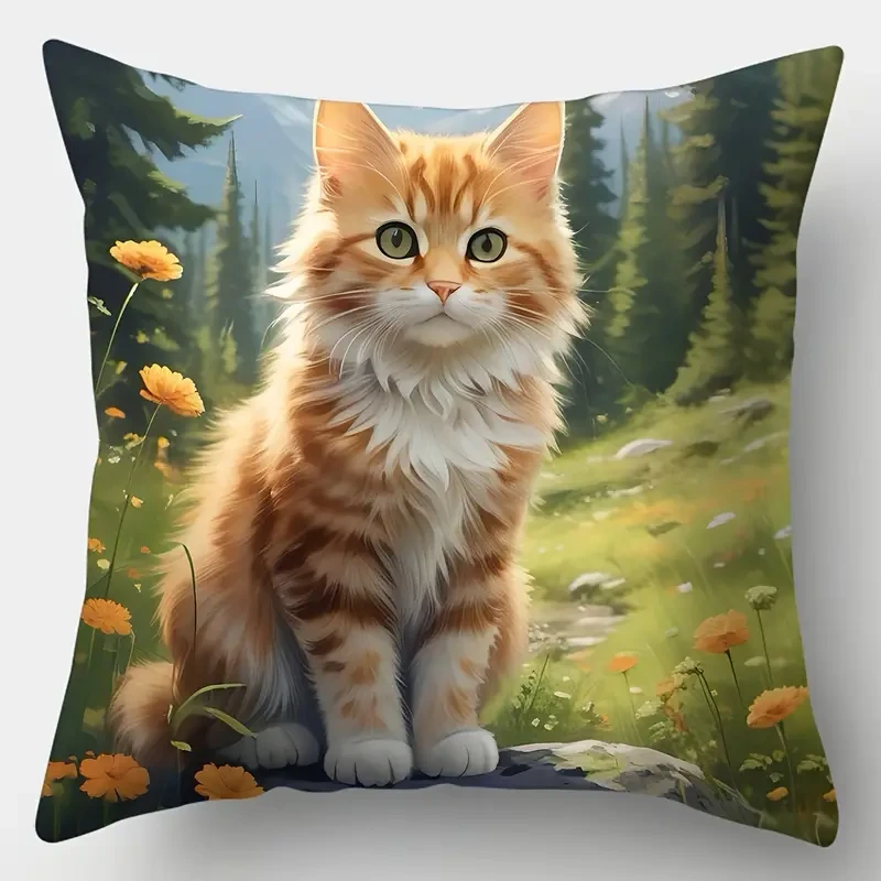 4-Pack Contemporary Throw Pillow Covers - Cute Cat Floral Print