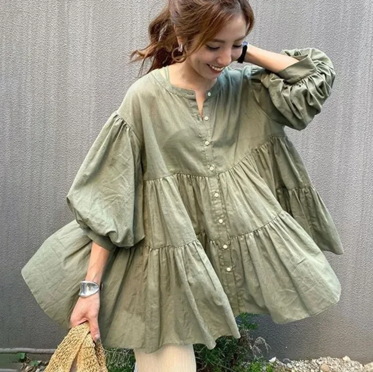 New Style Loose Slimming Top Mid-Length Single-Breasted Solid Color Shirt
