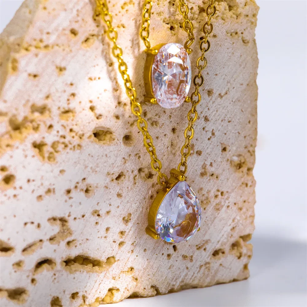 Titanium Steel Color-retaining Zircon Oval Round Pendant Necklace Simple