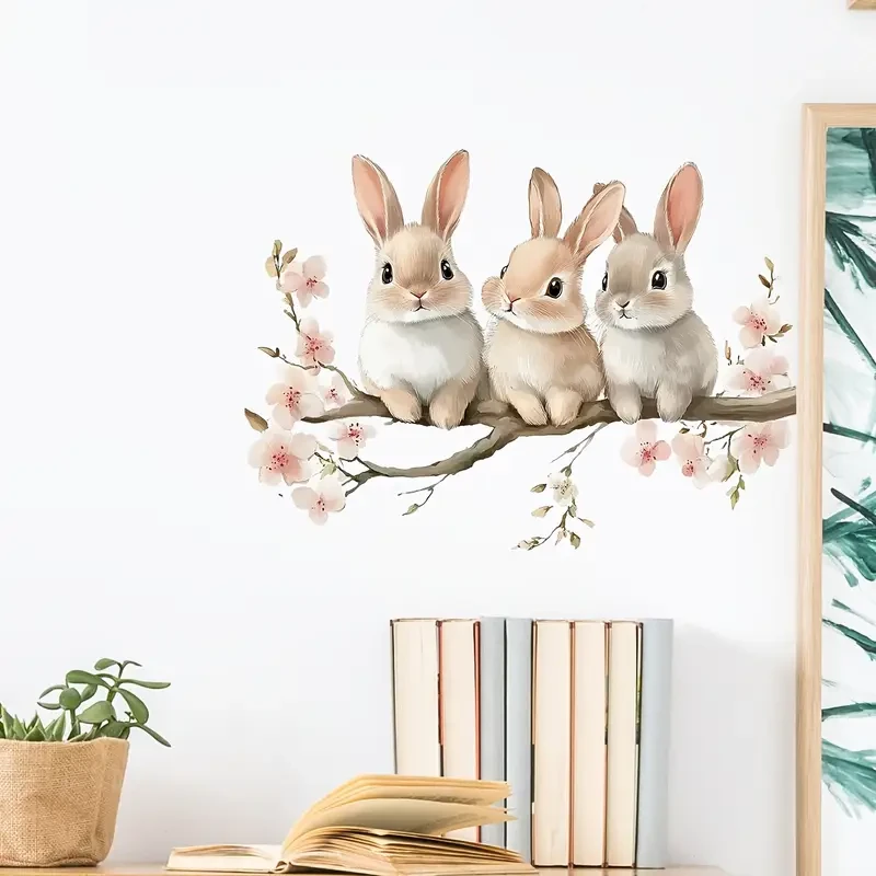 3D Art Deco Bunny Wall Stickers with Pink Flowers