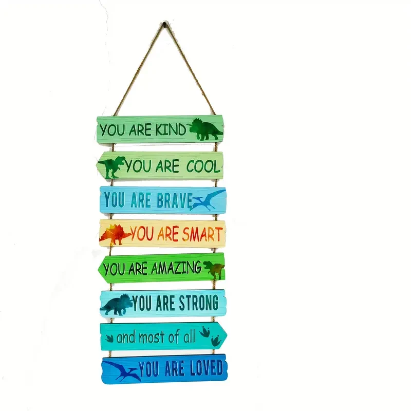 Colorful Dinosaur-Themed Inspirational Wooden Wall Hanging