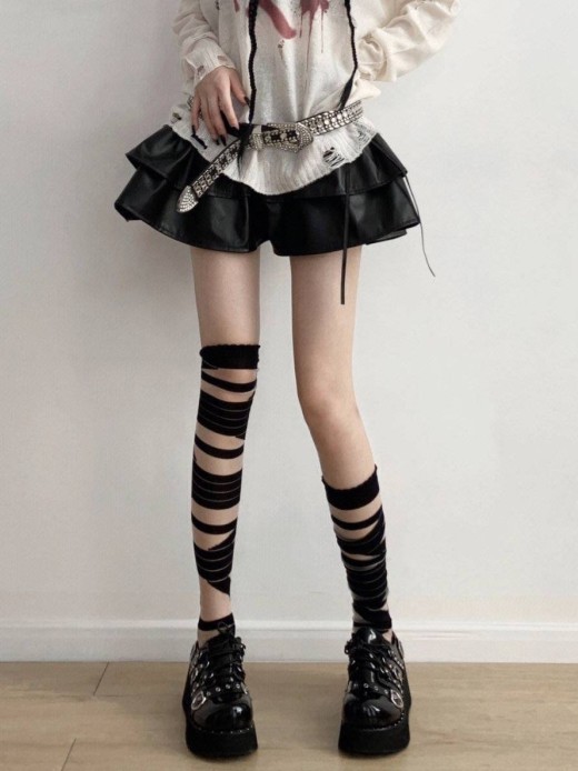 Black And White Bandage Long Tube Silk JK Uniform Cross Strap Over The Knee Stockings Stockings