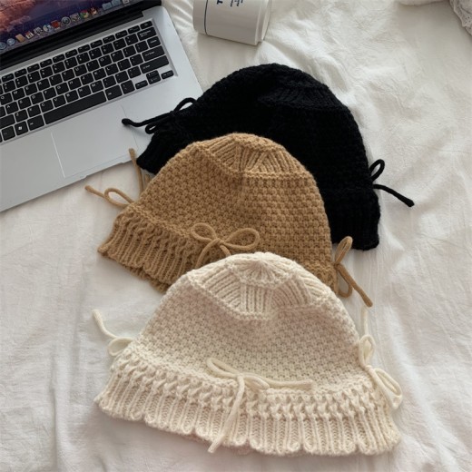 Autumn And Winter Bow Knitted Fisherman Hat Wool Bucket