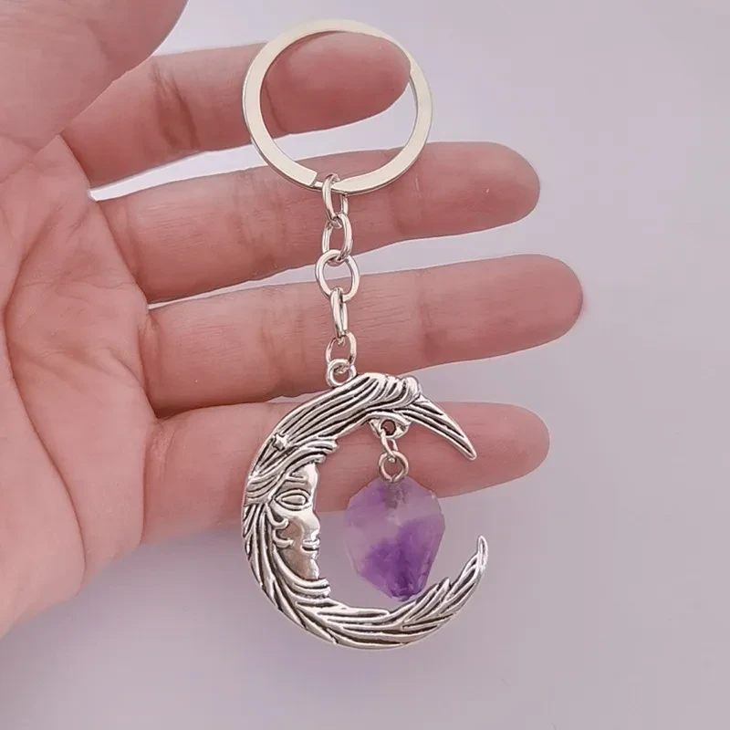 Vintage Moon Natural Crystal Couple Jewelry Moon Pendant Keychain