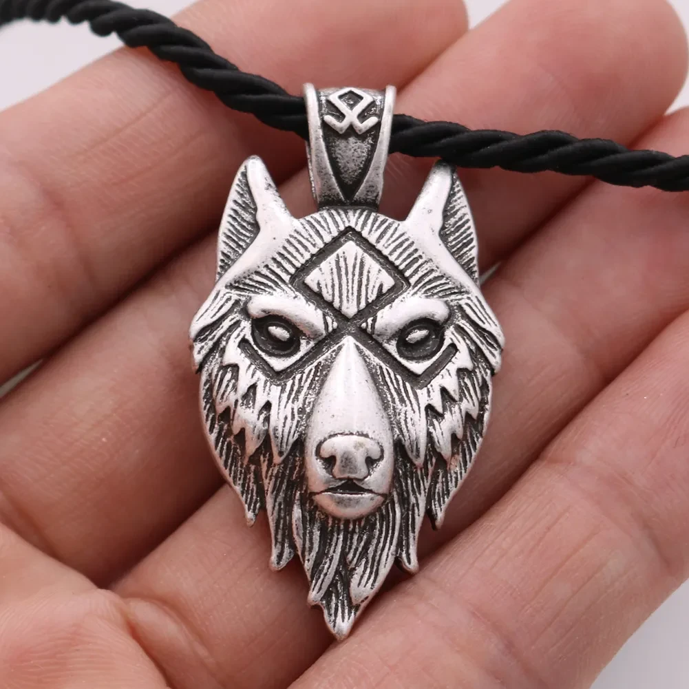 Viking Wolf Head Metal Necklace Luna Rune Amulet