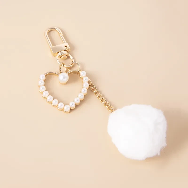 Cute White Plush Ball Keychain Fashion Pompoms Pearls Heart Charms Key Chain