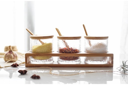Household Kitchen Glass Seasoning Box Bamboo Lid Seasoning Bottle