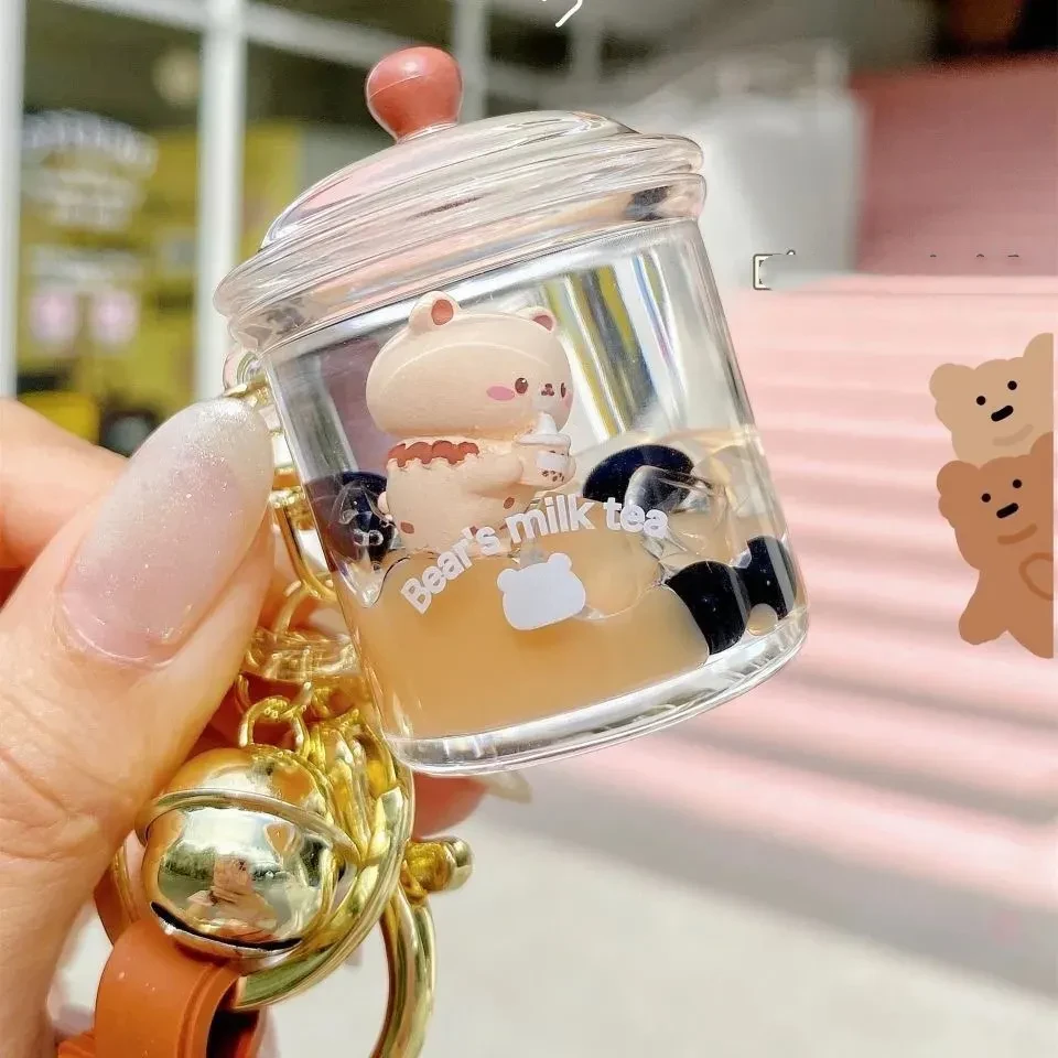 Pearl Milk Tea Bear Into Oil Liquid Quicksand Keychain