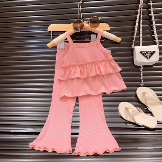 Thin Little Girl Ice Silk Suspender Skirt Bell-bottoms Ankle-length Pants Two-piece Set